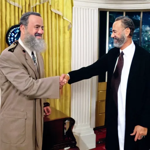 Image similar to Tom Hanks shakes hands with Osama Bin Laden at the White House