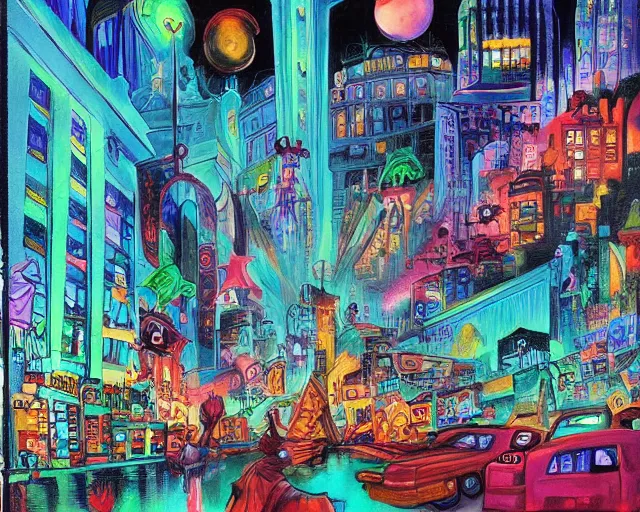 Image similar to surreal colorful nightmarish cityscape, artwork by ralph bakshi