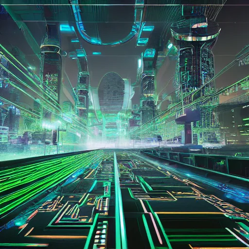 Image similar to photo of a futuristic city in a dystopian future made of electronic components and looks like a giant pcb board. Very detailed 8k. Unreal engine 5 render with nanite, global illumination and path tracing. Cinematic post processing. Emphasize on the colors green and blue.