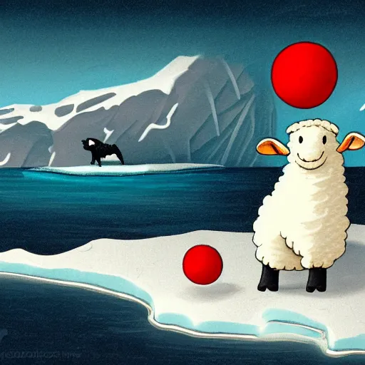 Image similar to cartoon drawing of a seal tossing a red ball with a sheep in antarctica. the seal's head is sticking out above the water and the sheep is standing near the edge of ice