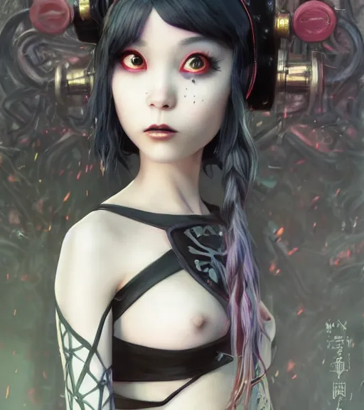 Prompt: an epic fantasy comic book style portrait painting of an extremely cute and adorable very beautiful darkwave industrial goth girl with a strong japanese aristocratic - style image, character design by mark ryden and pixar and hayao miyazaki, unreal 5, daz, hyperrealistic, octane render, cosplay, rpg portrait, dynamic lighting, intricate detail, summer vibrancy, cinematic