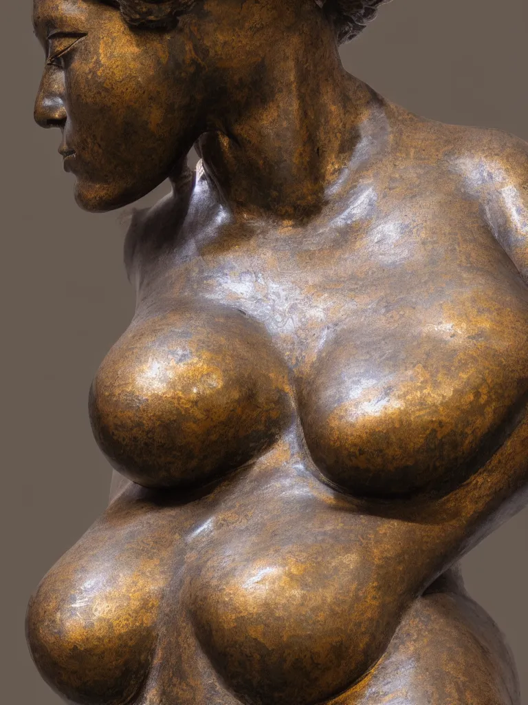 Image similar to detailed photo of an old bronze patina statue of a beautiful curvy woman portrait, intricate detail, museum diffuse lighting