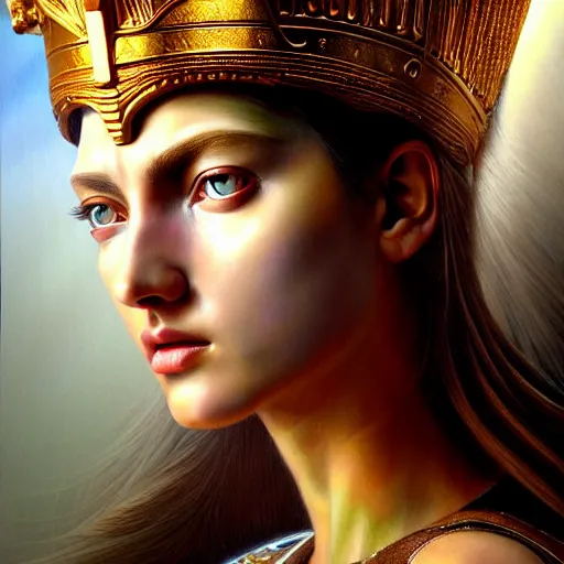 Image similar to hyperrealistic mixed media painting of beautiful goddess Athena, stunning 3d render inspired art by P. Craig Russell and Barry Windsor-Smith, perfect facial symmetry, dim volumetric lighting, 8k octane beautifully detailed render, post-processing, portrait, extremely hyper-detailed, intricate, epic composition, brown eyes, cinematic lighting, masterpiece, trending on artstation, very very detailed, masterpiece, stunning