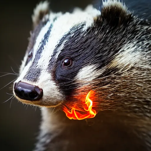 Prompt: smiling badger looking at camera, wreathed in flames, Canon 50mm f/1.2, photorealistic