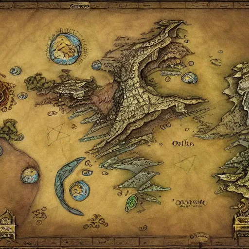 Image similar to simple fantasy map, the land of Odrua, several continents arranged in an arc, world of Lute, by JRR Tolkien and Brian Froud, fantasy map dungeons and dragons, trending on art station, oceans, continents