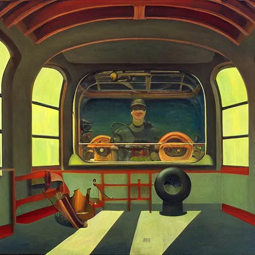 Image similar to giant bathysphere interior, portholes, scuba divers, grant wood, pj crook, edward hopper, oil on canvas