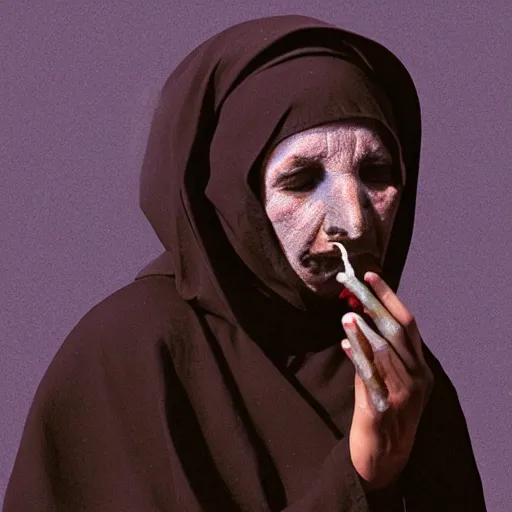 Image similar to a black nun smoking a joint and puffing lots of smoke, by Beksinski, lens flares, minimalistic background