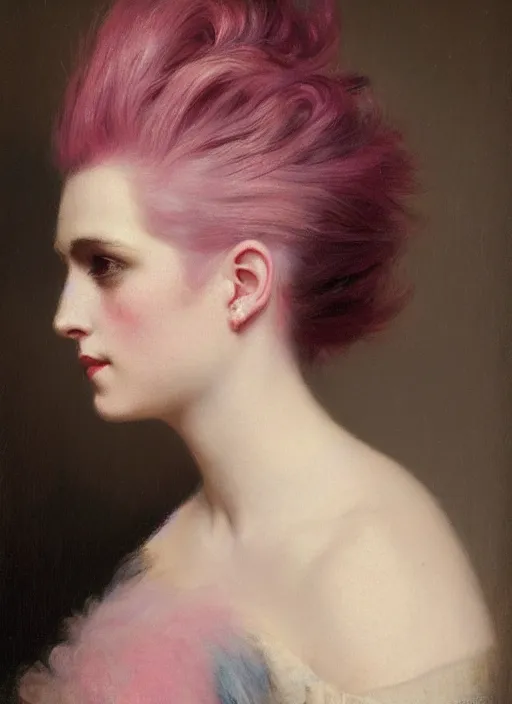 Prompt: a detailed portrait of woman with a mohawk by edouard bisson, year 1 8 9 0, pink hair, punk rock, oil painting, muted colours, soft lighting