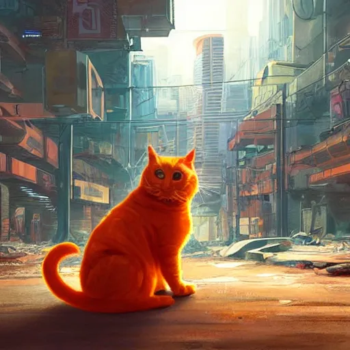Prompt: a orange cat in a cyberpunk post apocalyptic city with robots living as humans