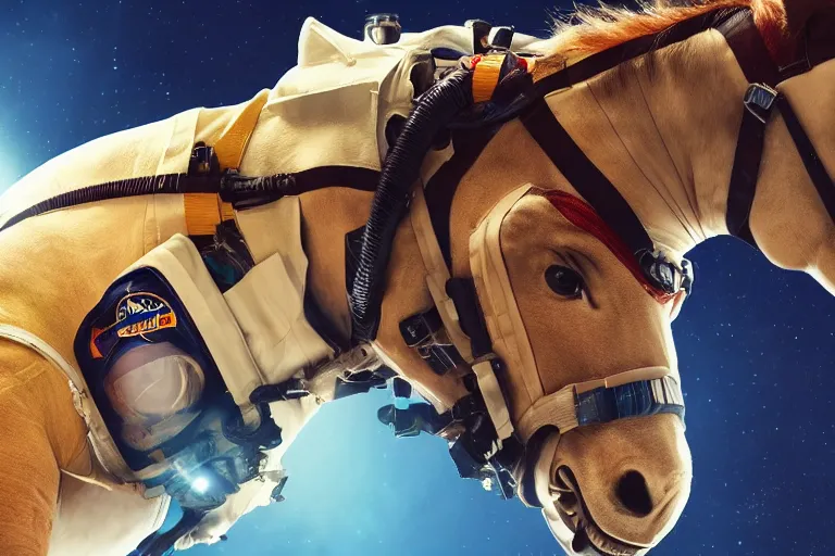 Prompt: an astronaut riding the fastest horse in a race, cinematic imax shot, retro, hyper detailed, windy mane, motion still