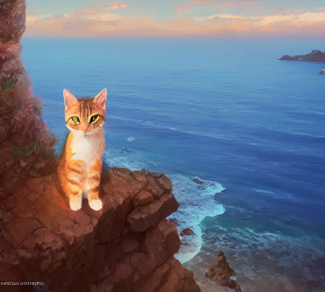 Image similar to a tabby cat sitting on a cliff overlooking the sea. Atmospheric lighting, sunset, blue sea. By Makoto Shinkai, Stanley Artgerm Lau, WLOP, Rossdraws, James Jean, Andrei Riabovitchev, Marc Simonetti, krenz cushart, Sakimichan, trending on ArtStation, digital art.