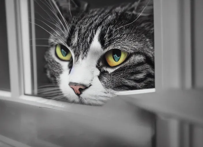 Image similar to photography of a Cat . watching outside the window while it rains. on a bed. in a room full of vinyls and posters, photorealistic, raining award winning photo, 100mm, sharp, high res