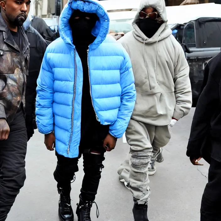 Image similar to kanye west using a full face covering black mask, a undersized light blue round puffer jacket made of nylon and big black rubber boots,