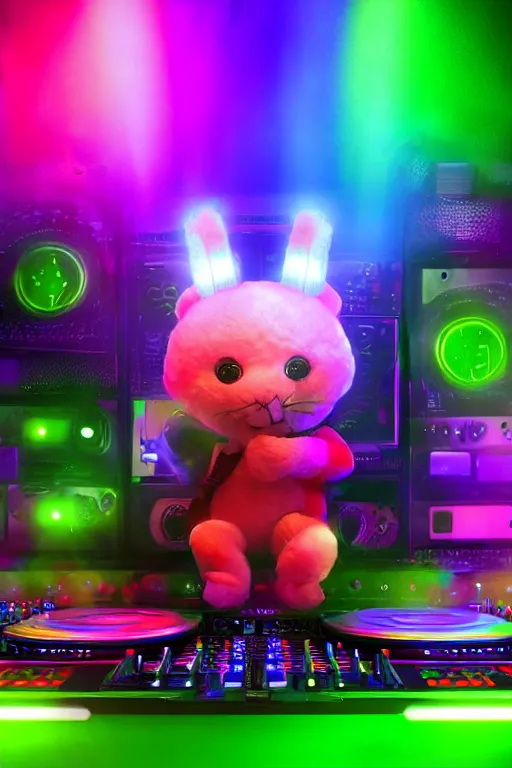 Prompt: stuffed animal DJ at a rave, glowsticks, dramatic lighting, cinematic, establishing shot, extremely high detail, foto realistic, cinematic lighting, post processed, concept art, high details, cinematic, 8k resolution, beautiful detailed, photorealistic, digital painting, artstation, concept art, smooth, sharp focus, artstation trending, octane render, unreal engine