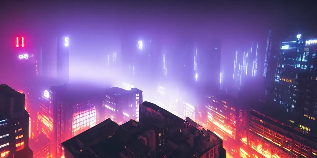 Image similar to giant illuminated advert screens, eerie fog, megacity streets seen from above, neon signs, blade runner, ex machina