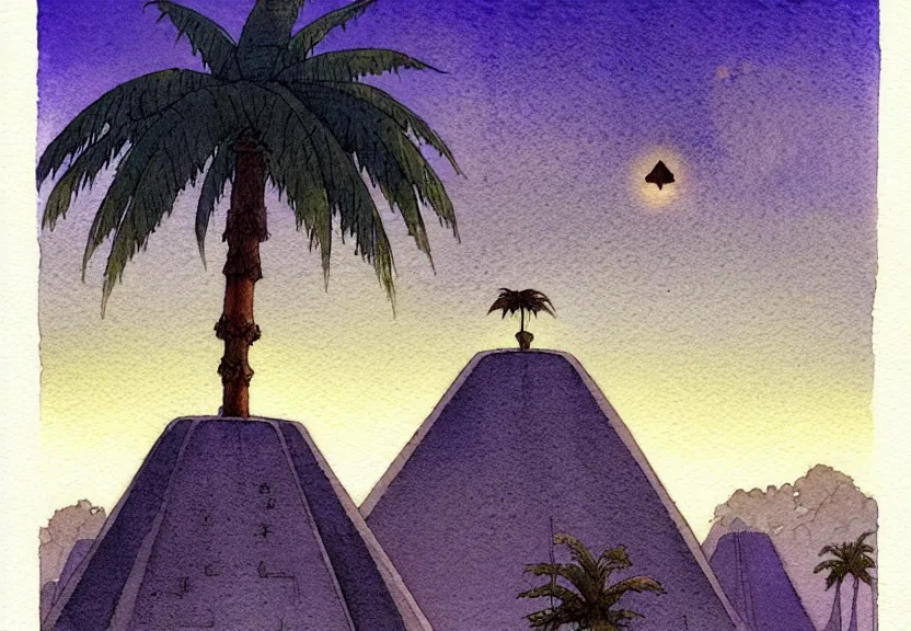 Image similar to a simple watercolor fantasy concept art of a dark grey boxy ufo next to a palm tree at night with white pyramids in the background. by studio ghibli, rebecca guay, michael kaluta, charles vess