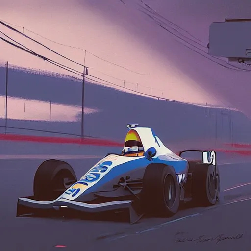 Prompt: formula 1 car, cloudy day, blue hour by filip hodas, by simon stalenhag, by greg manchess, cinematic, dramatic light concept art, matte painting, tranding on artstation, dystopia