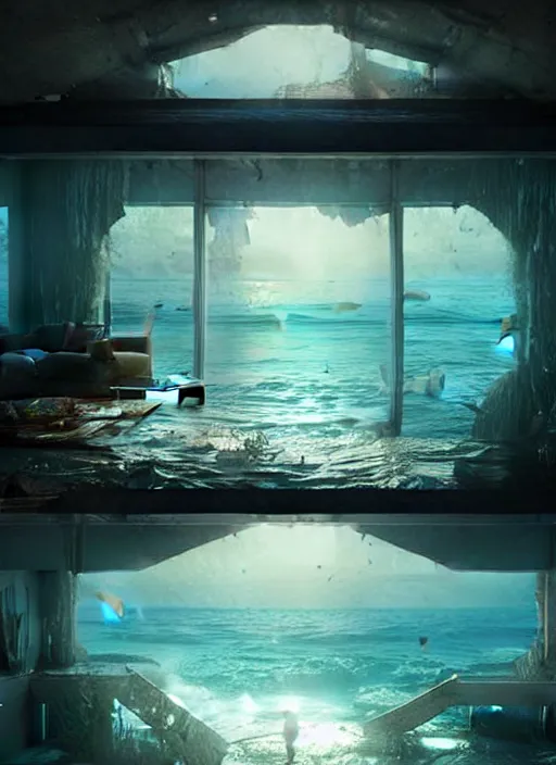 Image similar to inside a house that is sinking in the ocean, water is about mid level, furniture is half way submerged, concept art, highly detailed, cinematic lighting, digital art painting by greg rutkowski