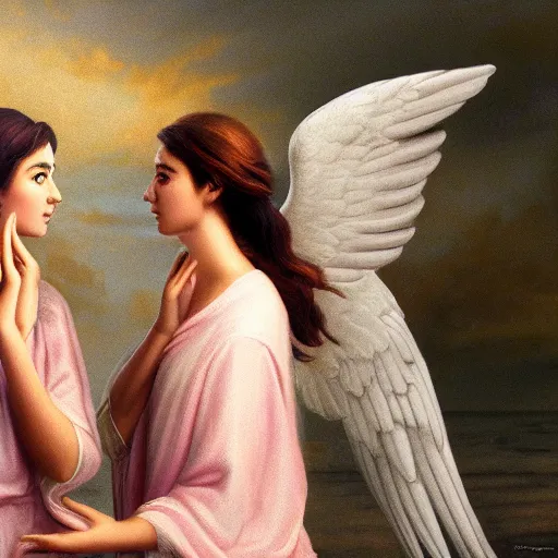 Image similar to High resolution Angelic conversation, photorealistic!, 8k, Canon portrait