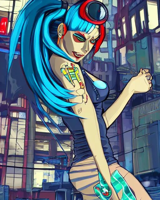 Image similar to cel shaded art of a pretty blue haired girl, jet grind radio graphics, cyberpunk city street background