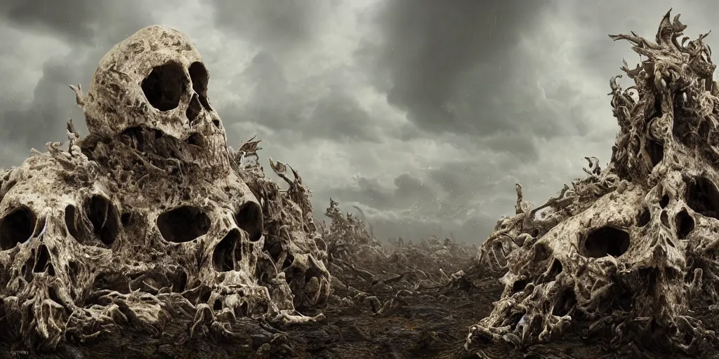 Image similar to photorealistic strange sculpture made of white bird skulls, by katrina van grouw and bruce mahalski. an epic landscape, with ominous storm clouds, a gentle rising mist. occult photorealism, uhd, amazing depth, glowing, golden ratio, 3 d octane cycle unreal engine 5, volumetric lighting, cinematic lighting, cgstation artstation concept art