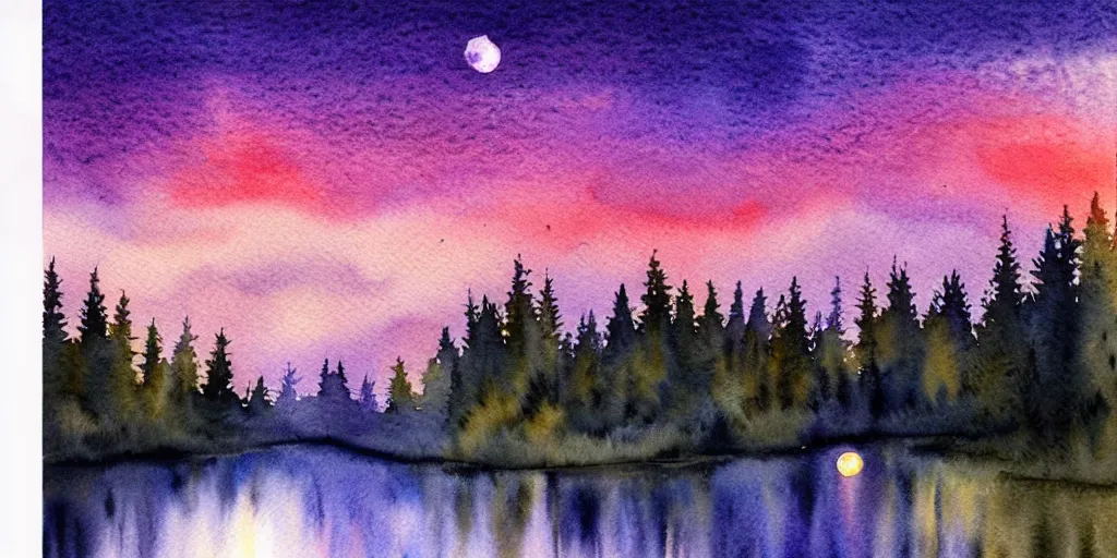 Image similar to nighttime nature landscape, watercolor, ultra realistic, highly detailed, hd, sharp focus, warm colors, realistic, vivid colors, painting, non blurry, sharp, smooth, illustration