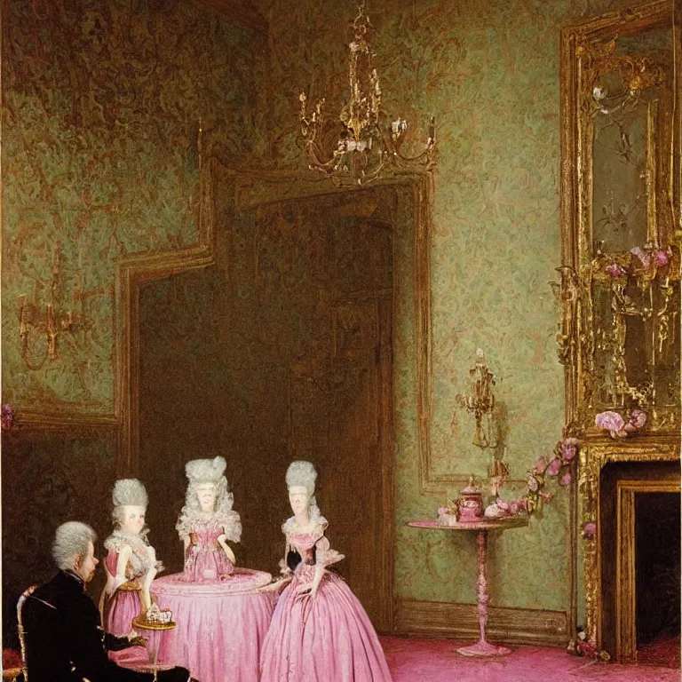 Image similar to Marie Antoinette cutting a pink cake. By Carl Gustav Carus, John Atkinson Grimshaw.