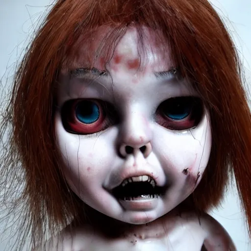 Image similar to creepy doll cursed witchcraft black eyes toy ryohei hase