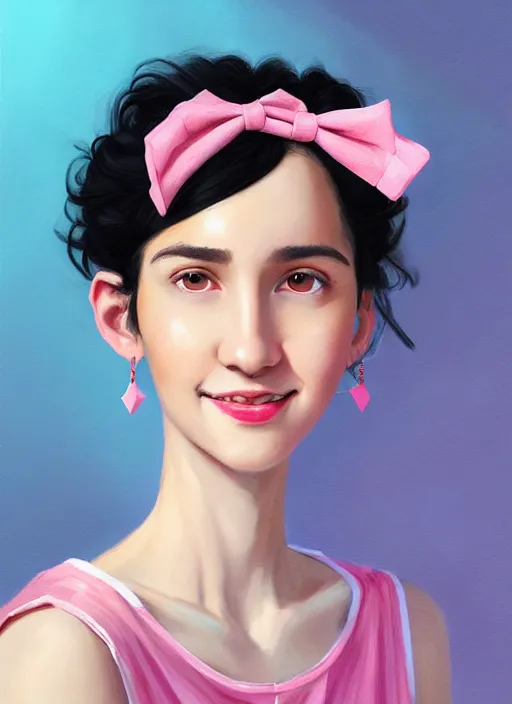 Image similar to portrait of high school girl, realistic, black hair, bangs, half updo hairstyle, pointy nose, skinny, smile, ugly, defined jawline, big chin, pink hair bow, earrings, intricate, elegant, glowing lights, highly detailed, digital painting, artstation, sharp focus, illustration, art by wlop, mars ravelo and greg rutkowski