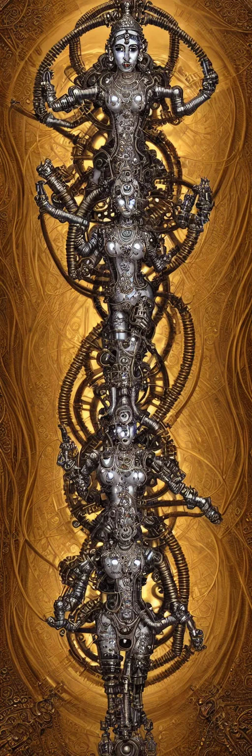 Image similar to seamless pattern of steampunk cybernetic biomechanical hindu goddess dugra, 3 d model, very coherent symmetrical artwork, unreal engine realistic render, 8 k, micro detail, gold white plastic and steel intricate, elegant, highly detailed, digital painting, artstation, smooth, sharp focus, illustration, artgerm, tomasz alen kopera, wlop