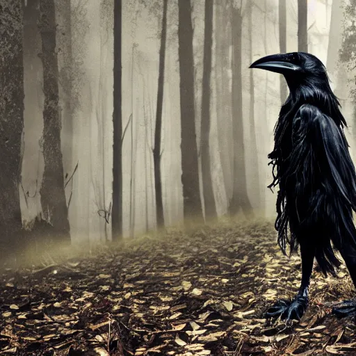 Image similar to werecreature consisting of a crow and a human, featured on artstation, photograph captured in a dark forest