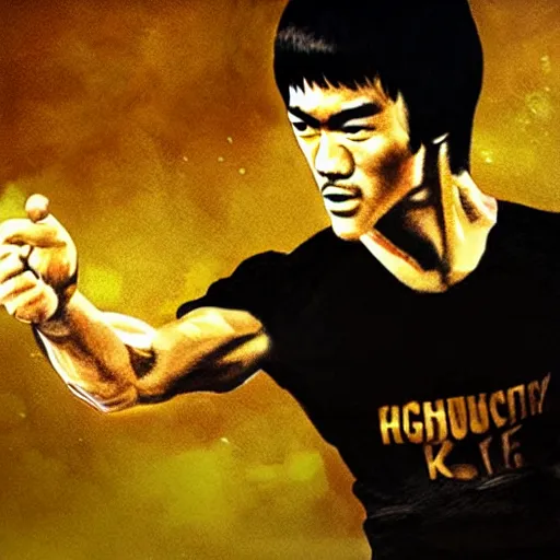 Image similar to Bruce Lee doing a kick in front of a lightning striking in the background,HD, high resolution, hyper realistic, 4k, intricate detail
