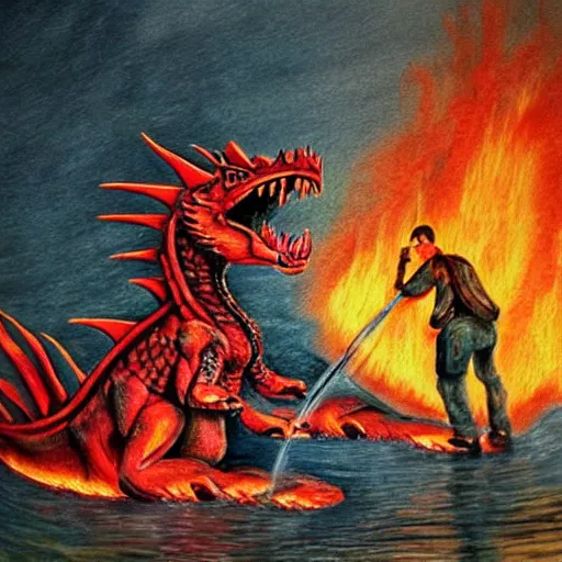 Image similar to firefighters using water against a fire - breathing dragon, pencil art, fire, colorful