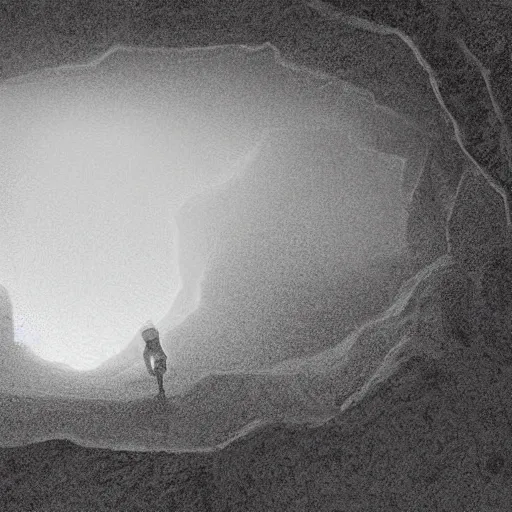 Image similar to in the cave moments before disaster, digital art, eerie