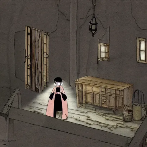 Image similar to the magician with a black robe inside a abandoned house, shadows, lurker, studio ghibli, anime