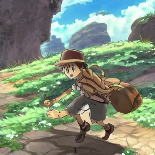 Image similar to Indiana Jones running away from boulder trap, rolling boulder, raiders of the lost ark, made in abyss anime style