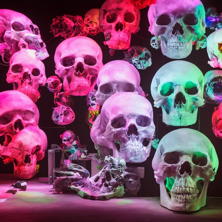 Prompt: fluxus performance of gradient colors light projection onto several giant skulls in a cramped art gallery, high contrast hyperrealism trending on arstation 8 k