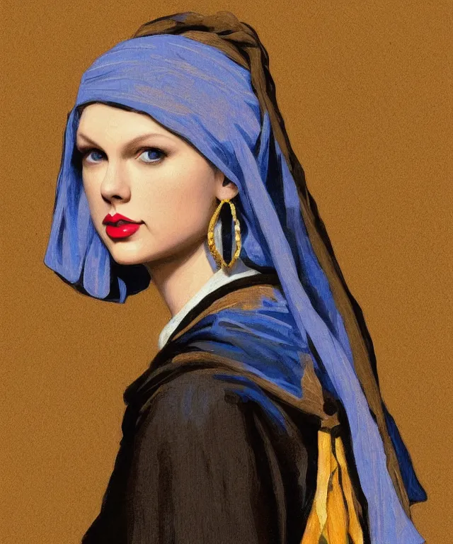 Image similar to Taylor Swift as the girl with the pearl earring, highly detailed, digital painting, artstation, concept art, smooth, sharp focus, illustration, ArtStation, art by artgerm and greg rutkowski and alphonse mucha and J. C. Leyendecker and Edmund Blair Leighton and Katsuhiro Otomo and Geof Darrow and Phil hale and Ashley wood and Ilya repin and Charlie Bowater