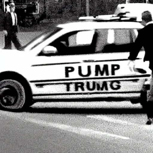 Image similar to Newscast still of Donald Trump being handcuffed and arrested and put into a cop car at mar-a-lago