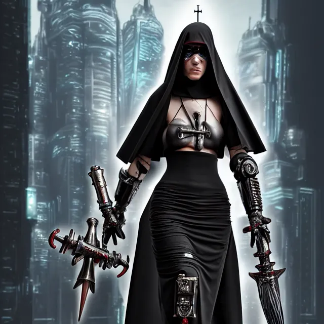 Image similar to cyberpunk nun warrior, highly detailed, 4 k, hdr, smooth, sharp focus, high resolution, award - winning photo, illustrated by anne stokes, photorealistic