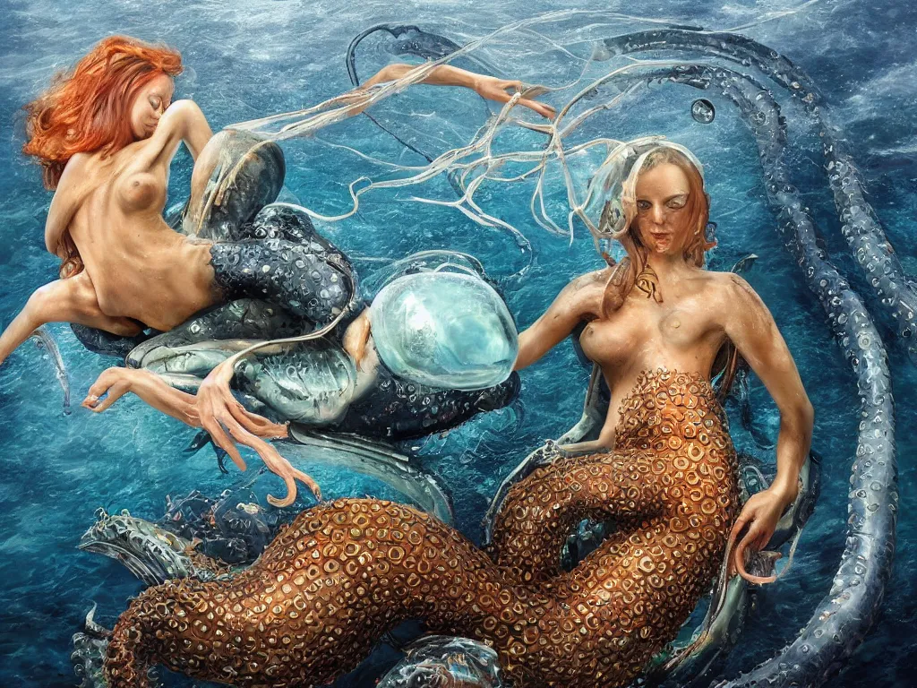 Prompt: a perfect hyperrealist portrait painting of a mechanical squid wrapped around a mermaid. the mermaid is coated in a glossy black latex shell, and is set within a glass ellipsoid egg, which has cracked.