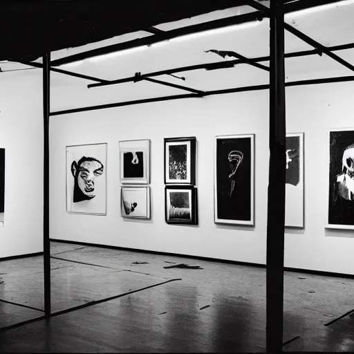 Prompt: A black and white screen print photography of gallery exhibition view from the 60s, neon light, anthropology, colonial, wild, exotic, masks, ethnography, screen printing