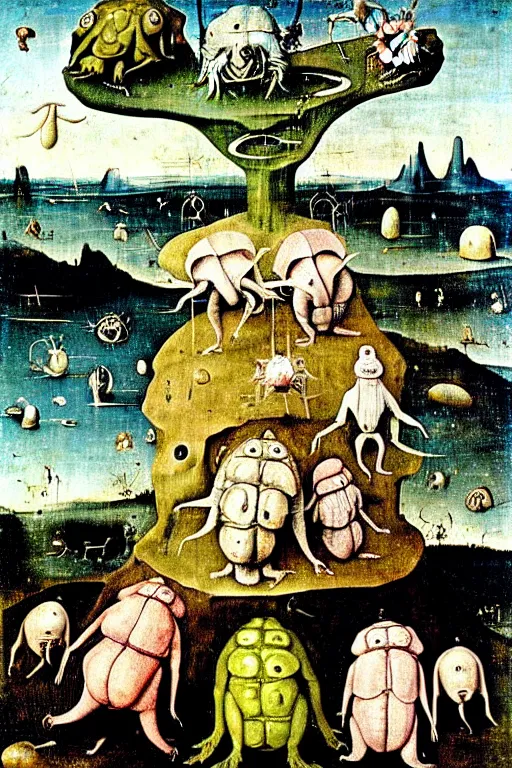 Prompt: a beautiful tardigrade landscape with weird tardigrade creatures by hieronymus bosch and dali