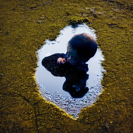 Prompt: photography of puddle shaped like human