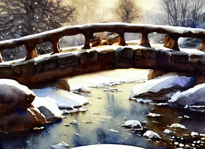 Image similar to watercolor of faraway dinosaur on rustic stone bridge in winter landscape, glistering, high detailed art by dennis miller bunker, work by anders zorn, wonderful masterpiece by greg rutkowski, beautiful cinematic light, american romanticism by greg manchess, creation by tyler edlin