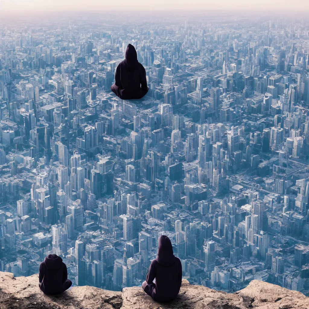 Image similar to meditating person with hoodie on sitting on top of a mountain overlooking a giant futuristic city by sundawn, high resolution photo, detailed