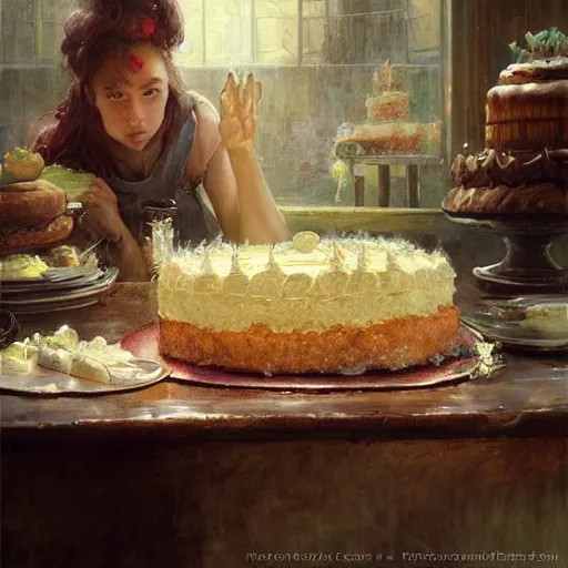 Image similar to Dragon with body of cake, sleeping on the kitchen counter of a magical bakery, oil painting, by Fernanda Suarez and and Edgar Maxence and greg rutkowski