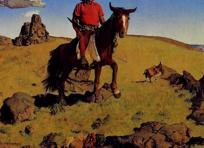 Prompt: western painting, native american sitting on horse on top of hill, by norman rockwell
