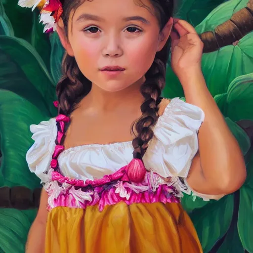 Prompt: portrait of a cute five - year - old girl with honey brown eyes and hair in a braid, wearing a hawaiian dress, dancing on a tropical beach, portrait, wide shot, midday light, bright colors, victorian era by wangjie li, artstation, trending on artstation, detailed, photorealism, 4 k