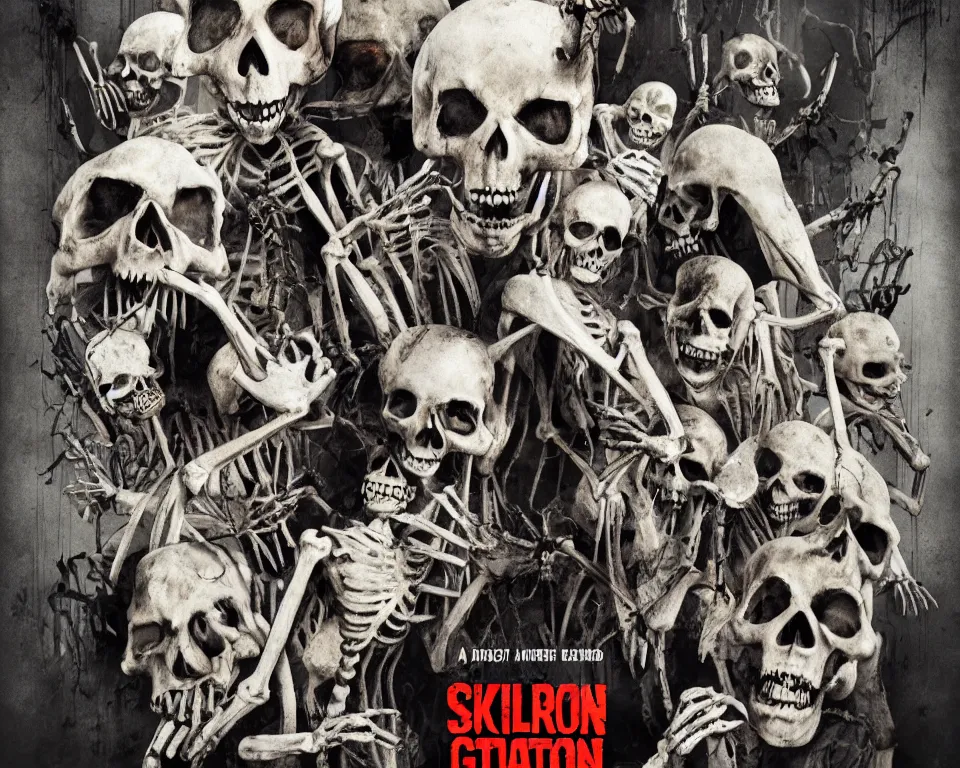 Prompt: a horror movie poster about a skeleton invasion